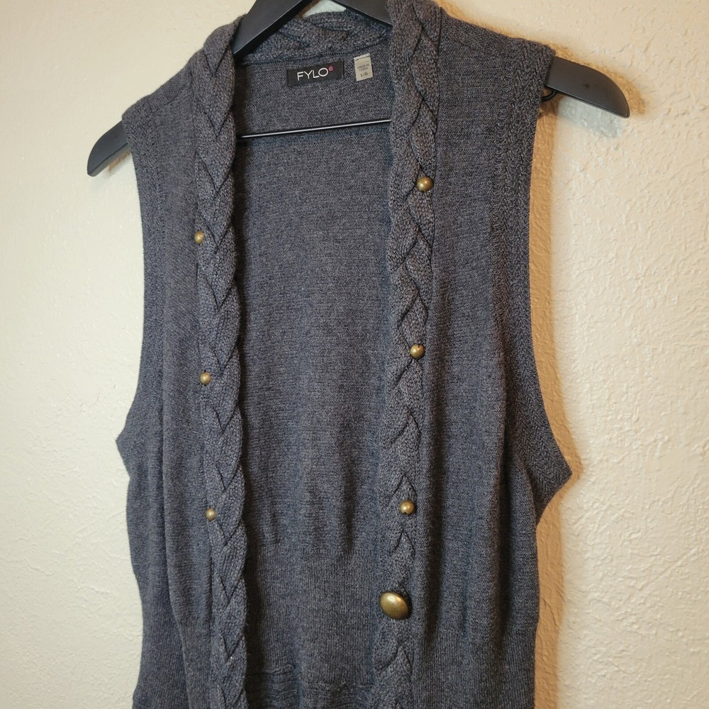 FYLO Open Front Cardigan Vest Sweater Braided Hem Asymmetrical Grey Large‎ - Picture 3 of 15